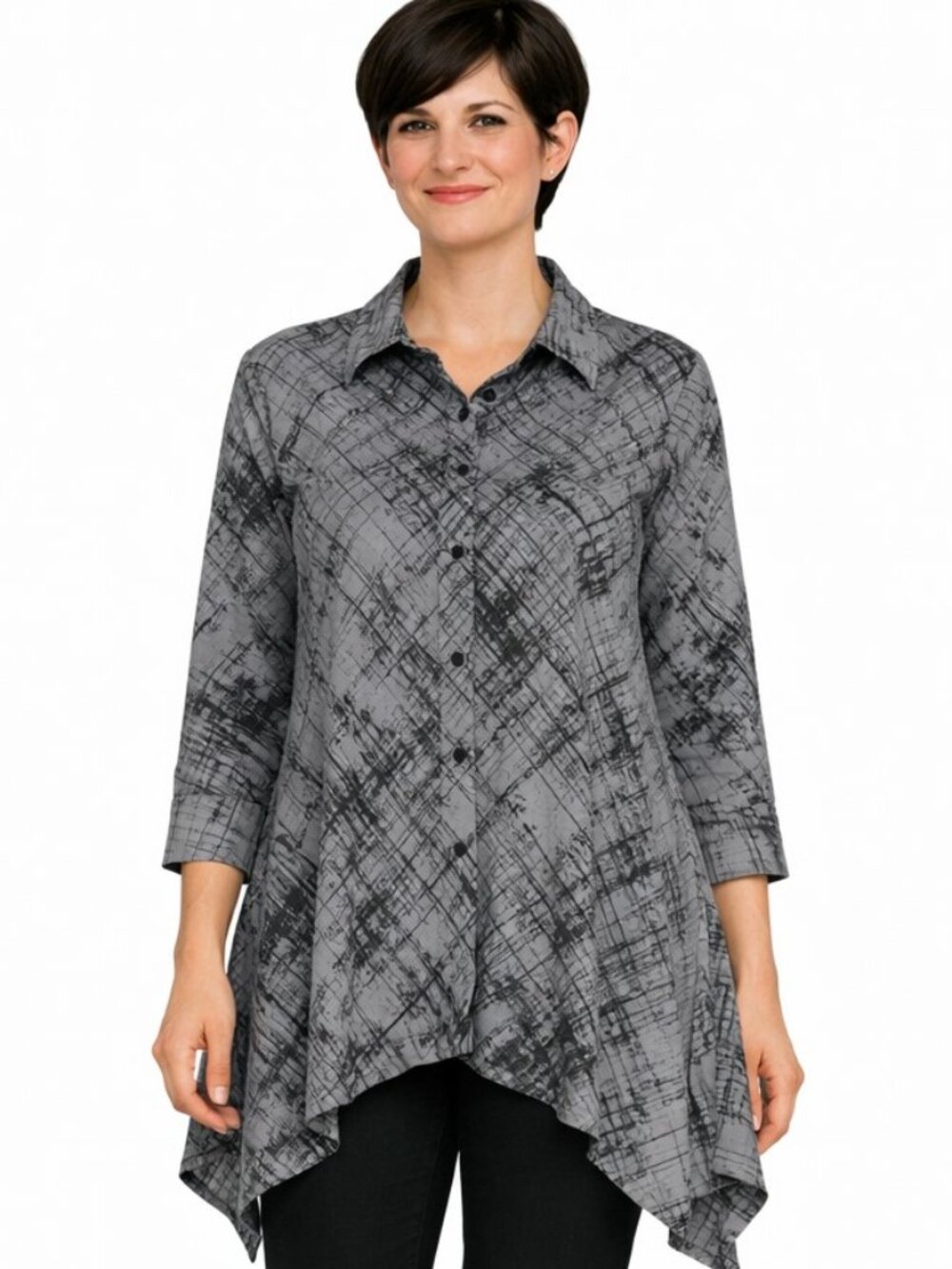 Comfy USA Tunic Blouse Lagenlock Asymmetric Hem Button Down Gray Size XL